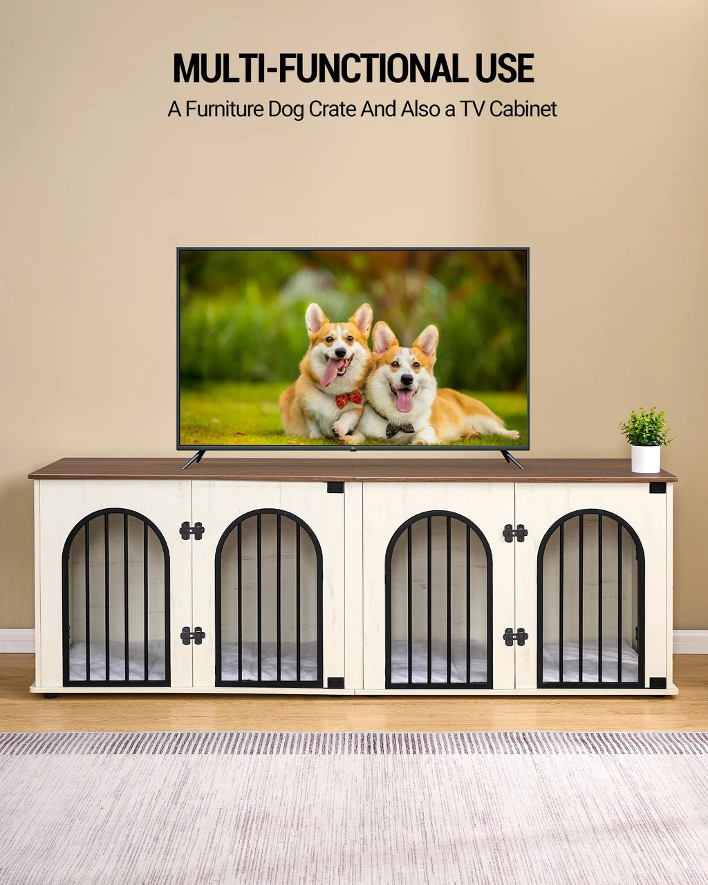 Dog Crate Furniture, 71" Heavy Duty Dog Kennels with Divider, Pads, Side Table, TV Cabinet