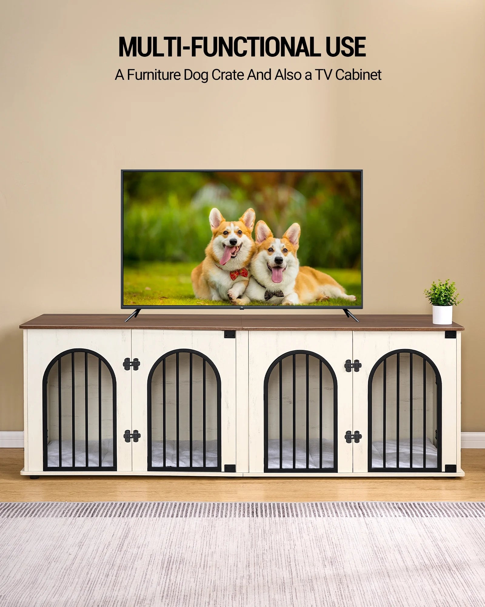Dog Crate Furniture, 71" Heavy Duty Dog Kennels with Divider, Pads, Side Table, TV Cabinet