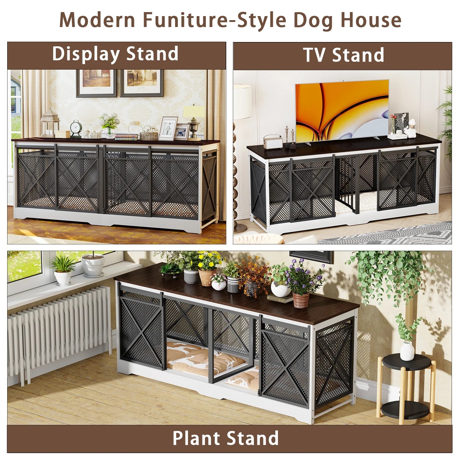 78 Inch Wooden Double Dog Crate Furniture with Divider, Indoor Kennel Table for 2 Large Dogs White