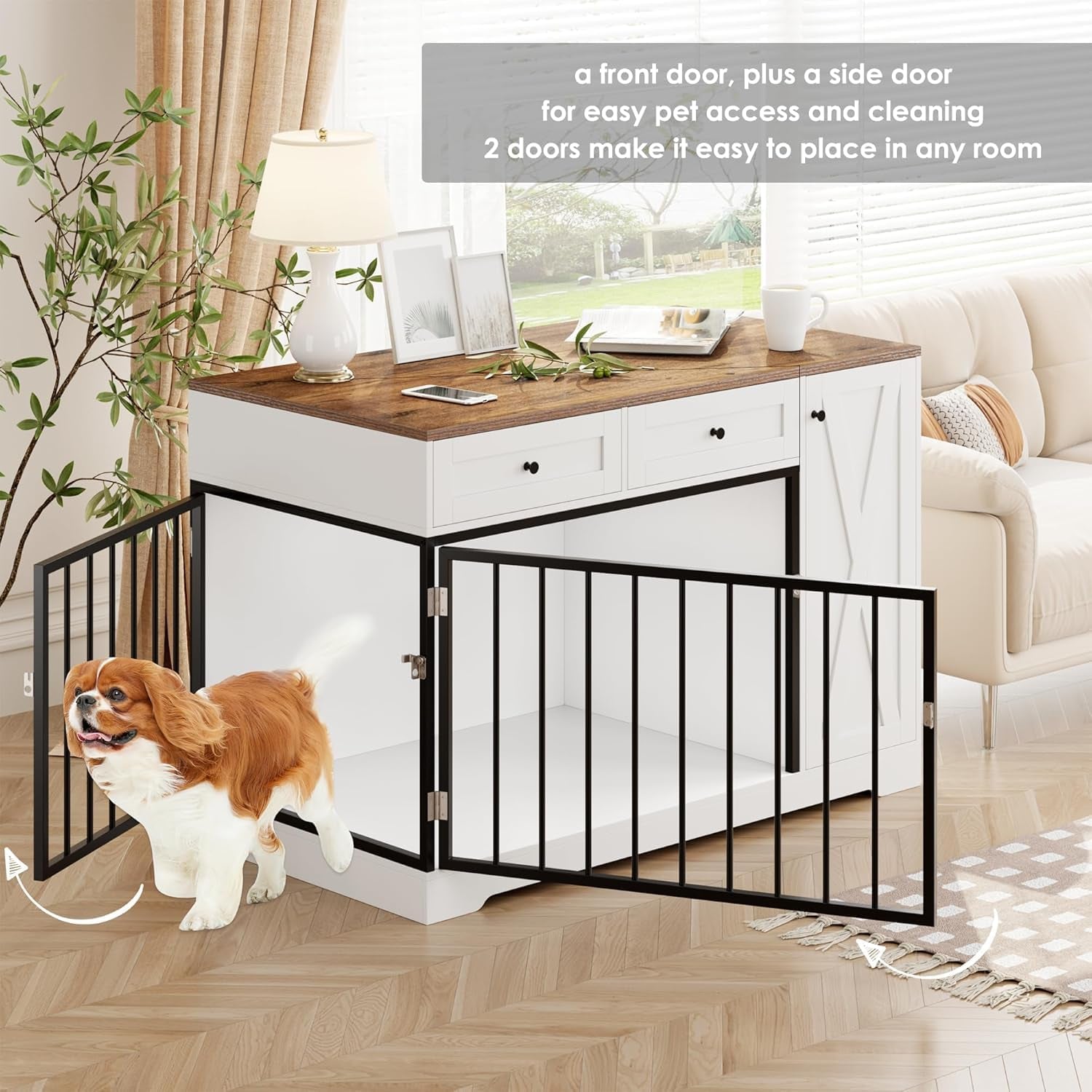 Wooden Dog Crate Furniture, Indoor Pet House with Double Doors & 2 Drawers, Modern Farmhouse Side End Table with Storage Cabinet, for Small to Big Dogs, White