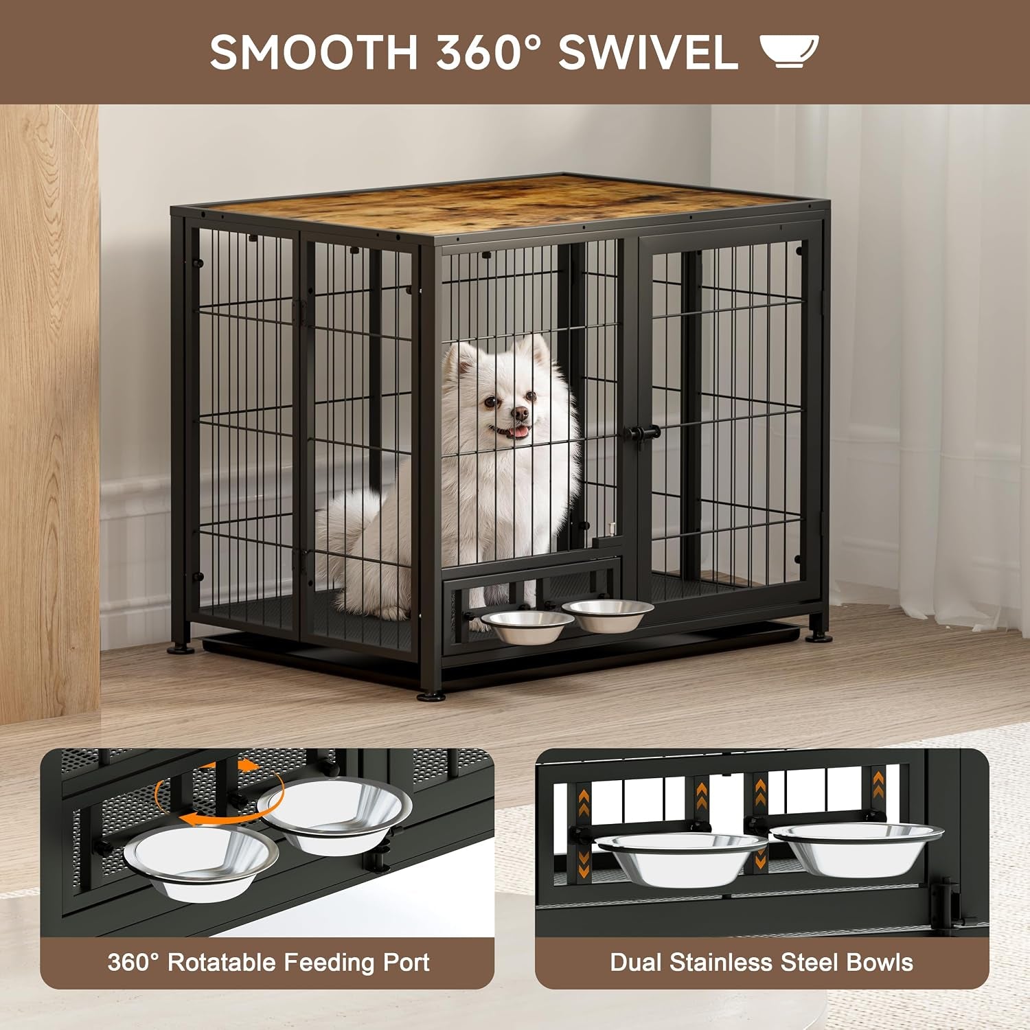 Heavy Duty Dog Crate for Small Dogs, 3 in 1 32.7" Foldable Collapsible Dog Kennel & Playpen with Lockable Wheels & Feeding Bowls, Escape Proof Metal Dog Cage for Indoor Outdoor Use, Rustic Brown