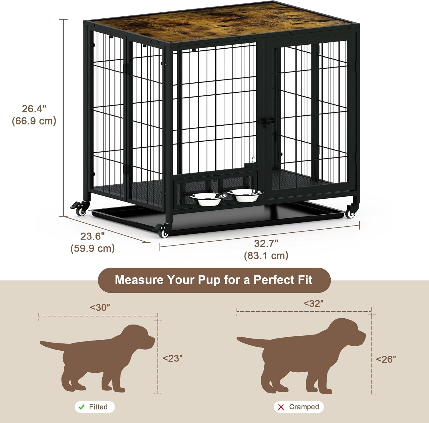 Heavy Duty Dog Crate for Small Dogs, 3 in 1 32.7" Foldable Collapsible Dog Kennel & Playpen with Lockable Wheels & Feeding Bowls, Escape Proof Metal Dog Cage for Indoor Outdoor Use, Rustic Brown