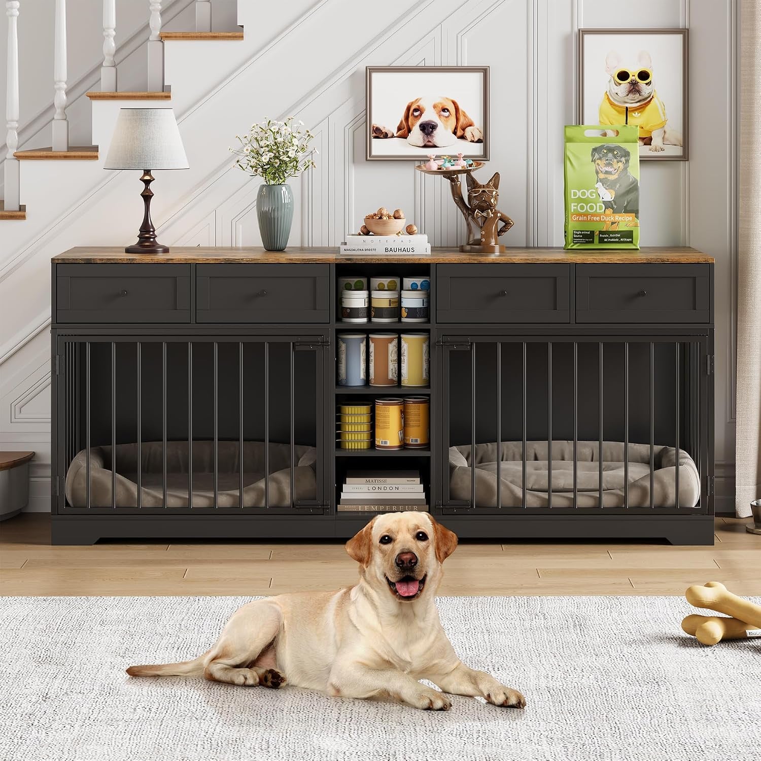 82" Double Dog Crate Furniture with Drawers and Shelves, Black | Heavy Duty Wooden Dog Crate TV Stand, Large Dog Kennel Indoor for 2 Medium/Large Dogs