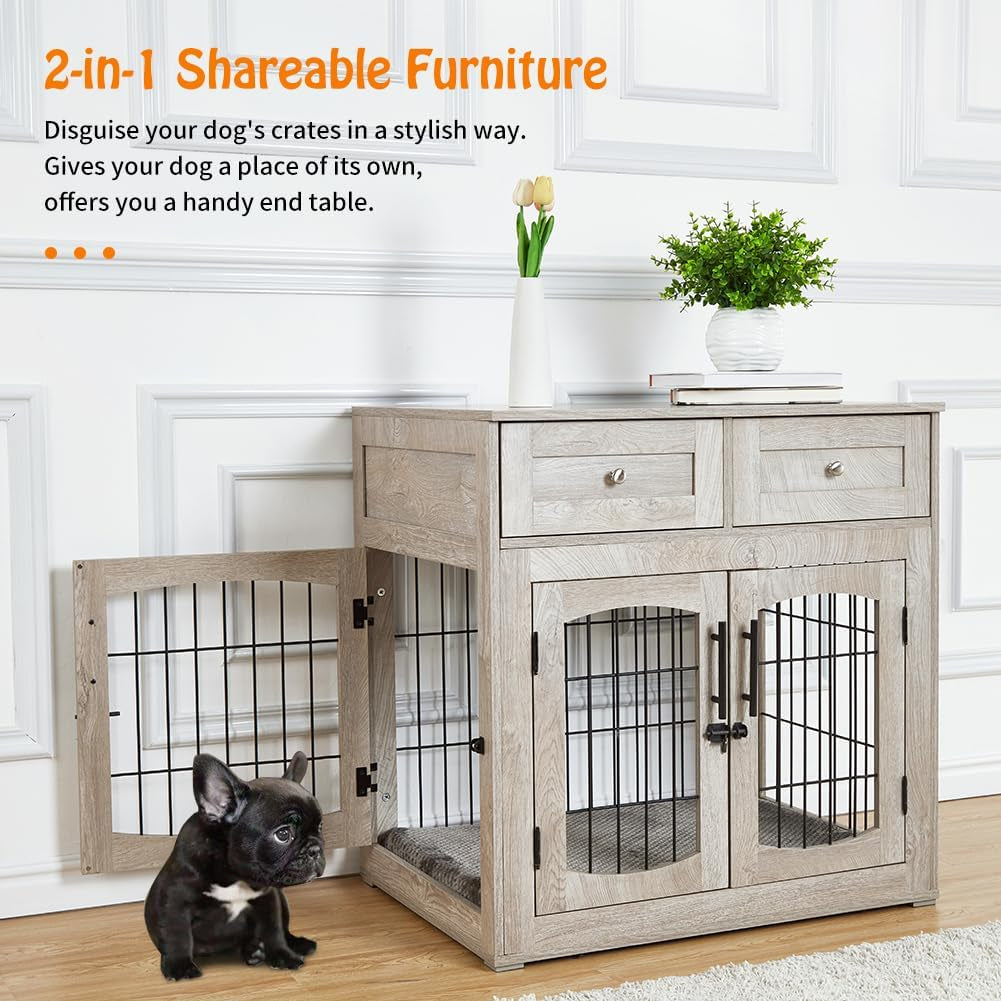 Dog Crate Furniture with Cushion,Wooden Dog Crate Table with 2 Drawers,3-Doors Dog Furniture,Indoor Dog Kennel,Dog House,Dog Cage,Side End Table(31.5 * 23.6 * 32Inch, Rustic Grey)