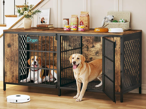 63" Large Double Dog Kennel Furniture for 2 Dogs – Extra Sturdy XXL Metal & Wooden Medium Dog Cage with Removable Divider, Dual Doors & Name Tags – Indoor/Outdoor Crate for Large Breeds