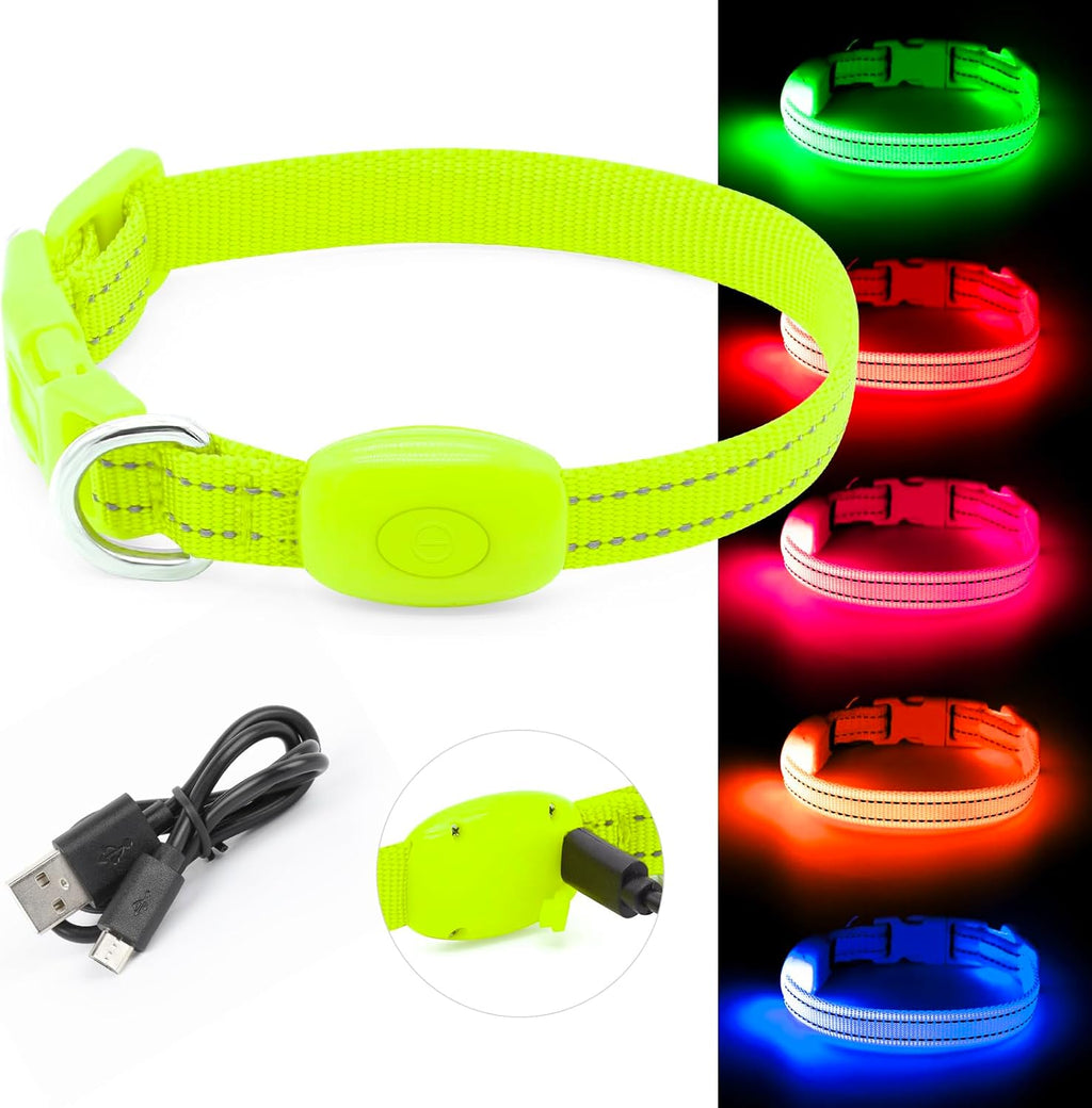 Adjustable LED Dog & Cat Collar - Rechargeable, Small Breeds, Green, 8.5-11.8 Inches, Nylon, Lightweight, Reflective, 2 Flash Modes | Glow in the Dark Rechargeable Reflective Adjustable Flashing Illuminous Safety Dog Lights for Night Walking