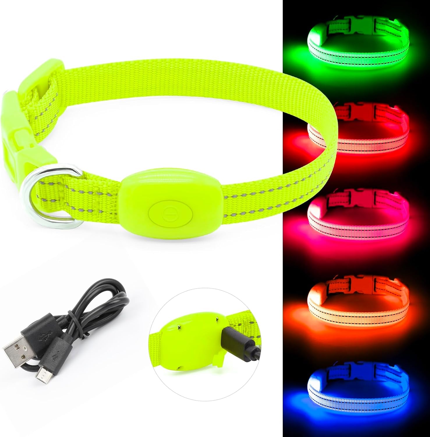Adjustable LED Dog & Cat Collar - Rechargeable, Small Breeds, Green, 8.5-11.8 Inches, Nylon, Lightweight, Reflective, 2 Flash Modes | Glow in the Dark Rechargeable Reflective Adjustable Flashing Illuminous Safety Dog Lights for Night Walking