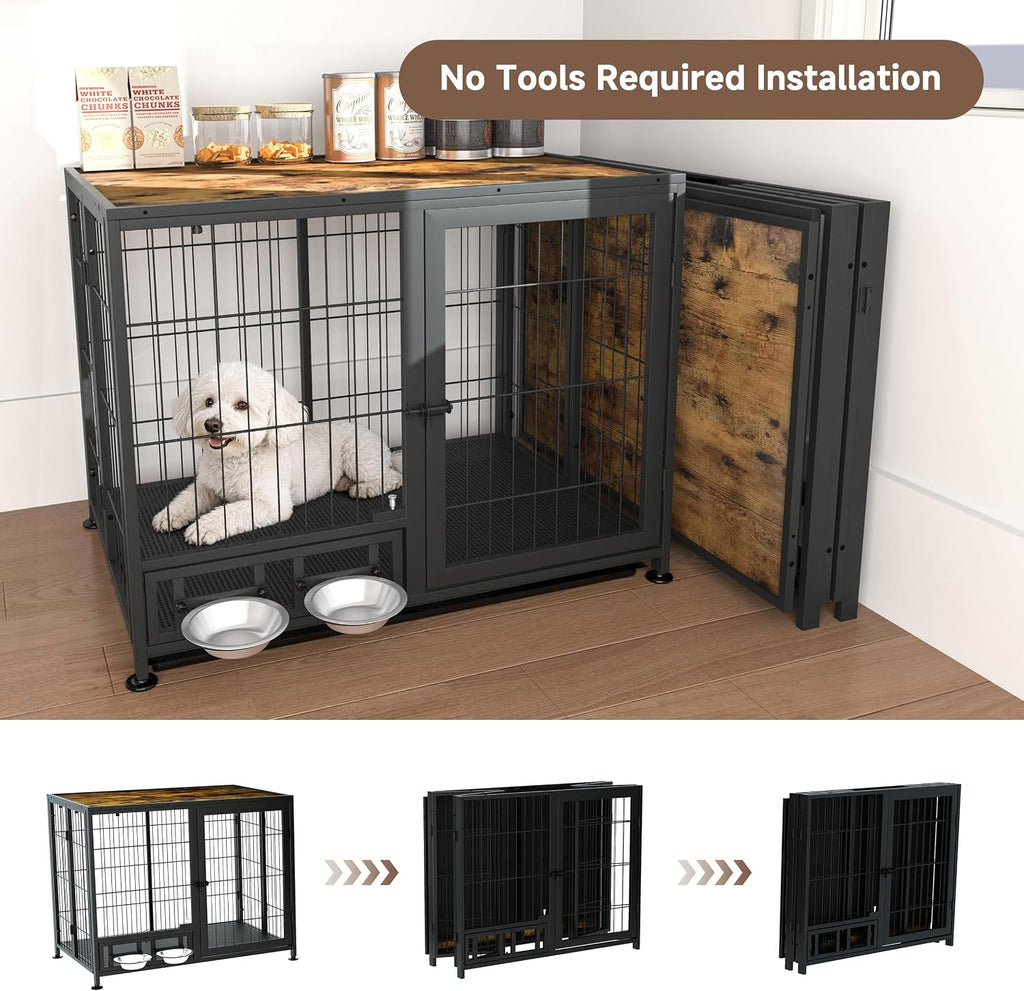 Heavy Duty Dog Crate for Small Dogs, 3 in 1 32.7" Foldable Collapsible Dog Kennel & Playpen with Lockable Wheels & Feeding Bowls, Escape Proof Metal Dog Cage for Indoor Outdoor Use, Rustic Brown