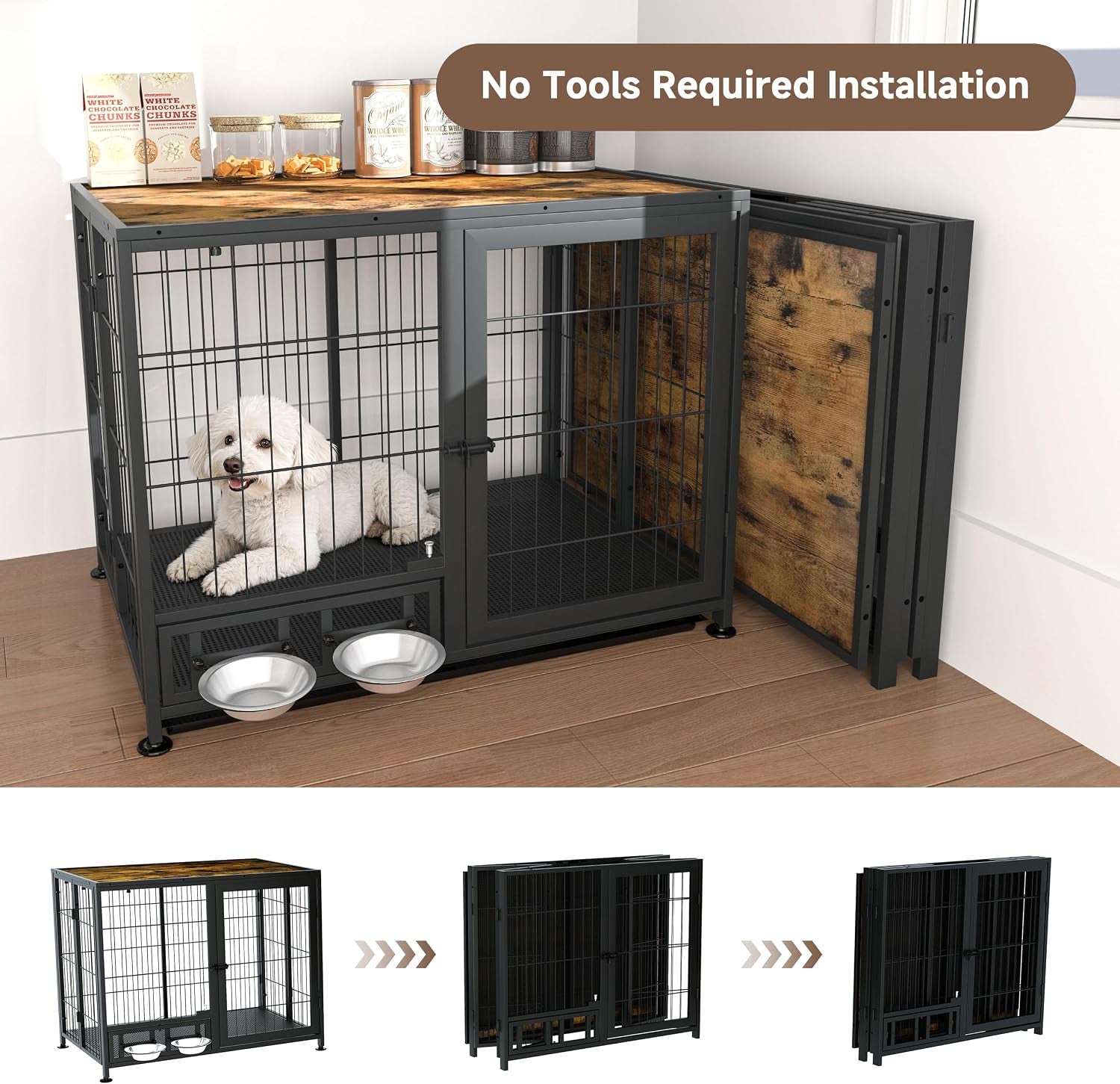 Heavy Duty Dog Crate for Small Dogs, 3 in 1 32.7" Foldable Collapsible Dog Kennel & Playpen with Lockable Wheels & Feeding Bowls, Escape Proof Metal Dog Cage for Indoor Outdoor Use, Rustic Brown