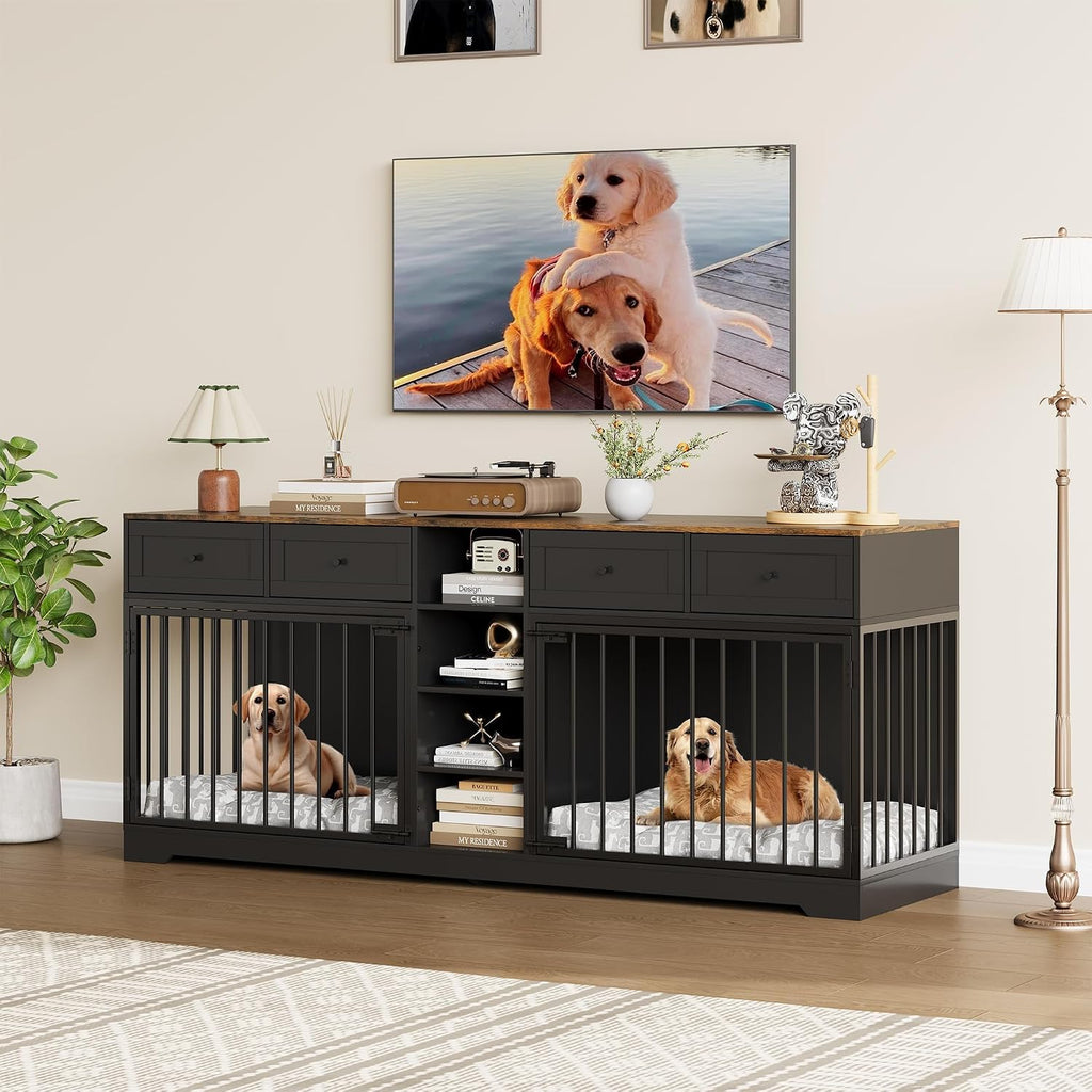 82" Double Dog Crate Furniture with Drawers and Shelves, Black | Heavy Duty Wooden Dog Crate TV Stand, Large Dog Kennel Indoor for 2 Medium/Large Dogs
