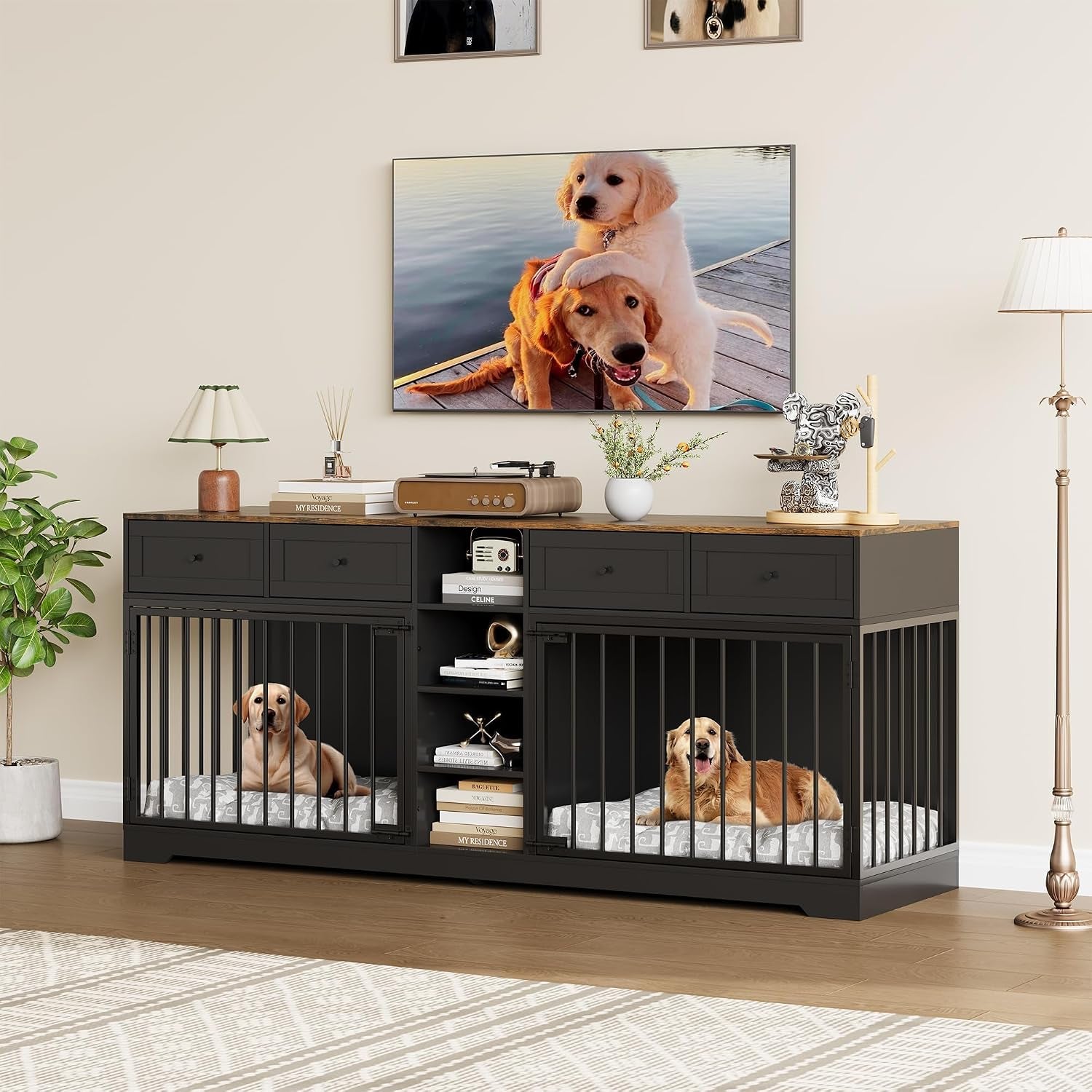 82" Double Dog Crate Furniture with Drawers and Shelves, Black | Heavy Duty Wooden Dog Crate TV Stand, Large Dog Kennel Indoor for 2 Medium/Large Dogs