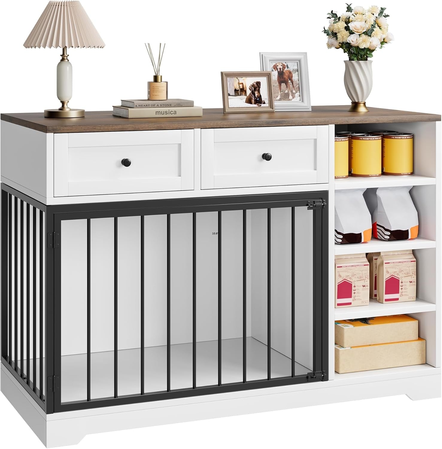 47 in Dog Crate Furniture with 2 Storage Drawers, 4 Deep Shelves, Farmhouse Extra Large Wooden Dogs Cage End Table, Multi-Functional Indoor Dog Kennel for Large Medium Dogs