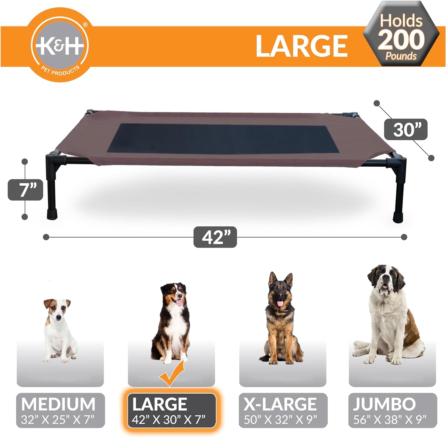 K&H Outdoor Elevated Dog Bed - Cooling Raised Dog Bed for Medium & Large Pets, Breathable Mesh Center Hammock Design, Indoor/Outdoor Washable Cover, Portable Metal Frame, Chocolate, Large 42X30In