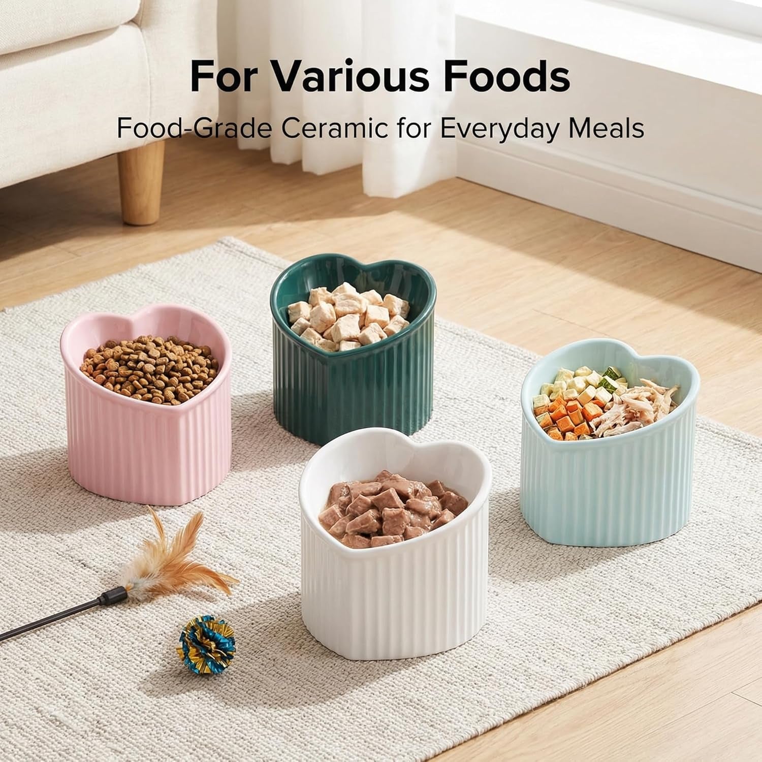 White Ceramic Raised Cat Bowls, Tilted Elevated Food or Water Bowls, Stress Free, Backflow Prevention, Dishwasher and Microwave Safe, Lead & Cadmium Free