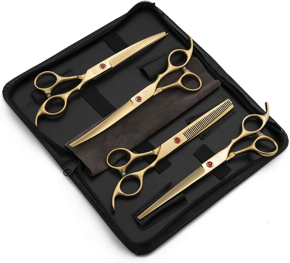 Professional 7" Dog Grooming Scissors Set 4PCS, Gold | Straight, Upward Curved, Downward Curved, Thinning/Blending Shears for Dog, Cat and Pets, JP Stainless Steel