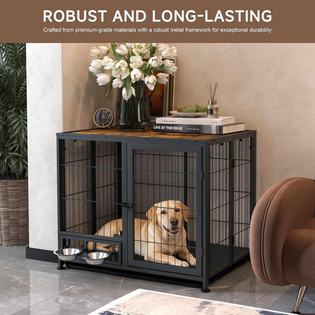 Heavy Duty Dog Crate for Small Dogs, 3 in 1 32.7" Foldable Collapsible Dog Kennel & Playpen with Lockable Wheels & Feeding Bowls, Escape Proof Metal Dog Cage for Indoor Outdoor Use, Rustic Brown