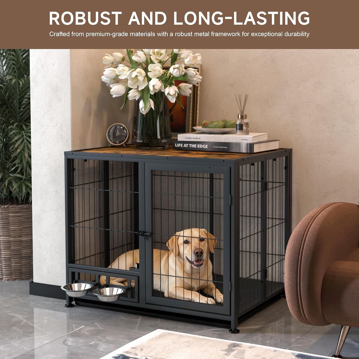 Heavy Duty Dog Crate for Small Dogs, 3 in 1 32.7" Foldable Collapsible Dog Kennel & Playpen with Lockable Wheels & Feeding Bowls, Escape Proof Metal Dog Cage for Indoor Outdoor Use, Rustic Brown