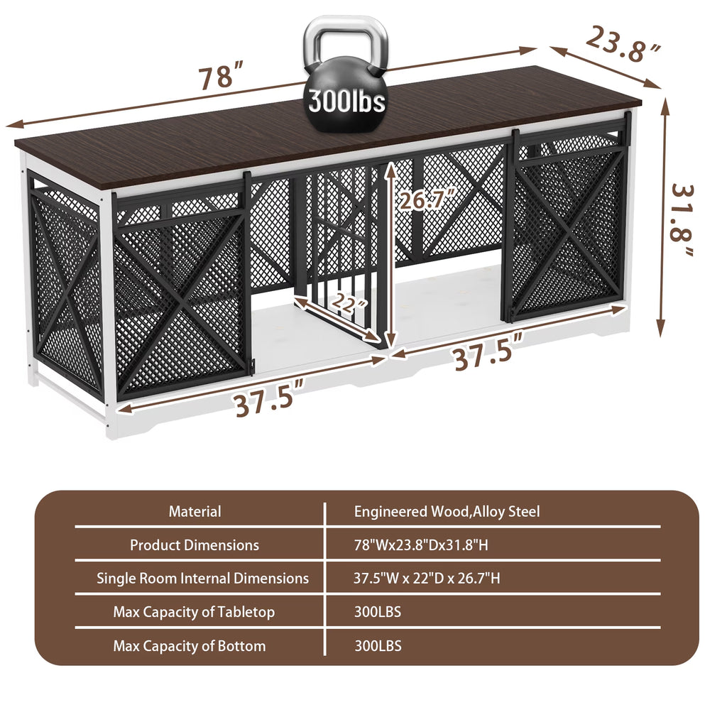78 Inch Wooden Double Dog Crate Furniture with Divider, Indoor Kennel Table for 2 Large Dogs White