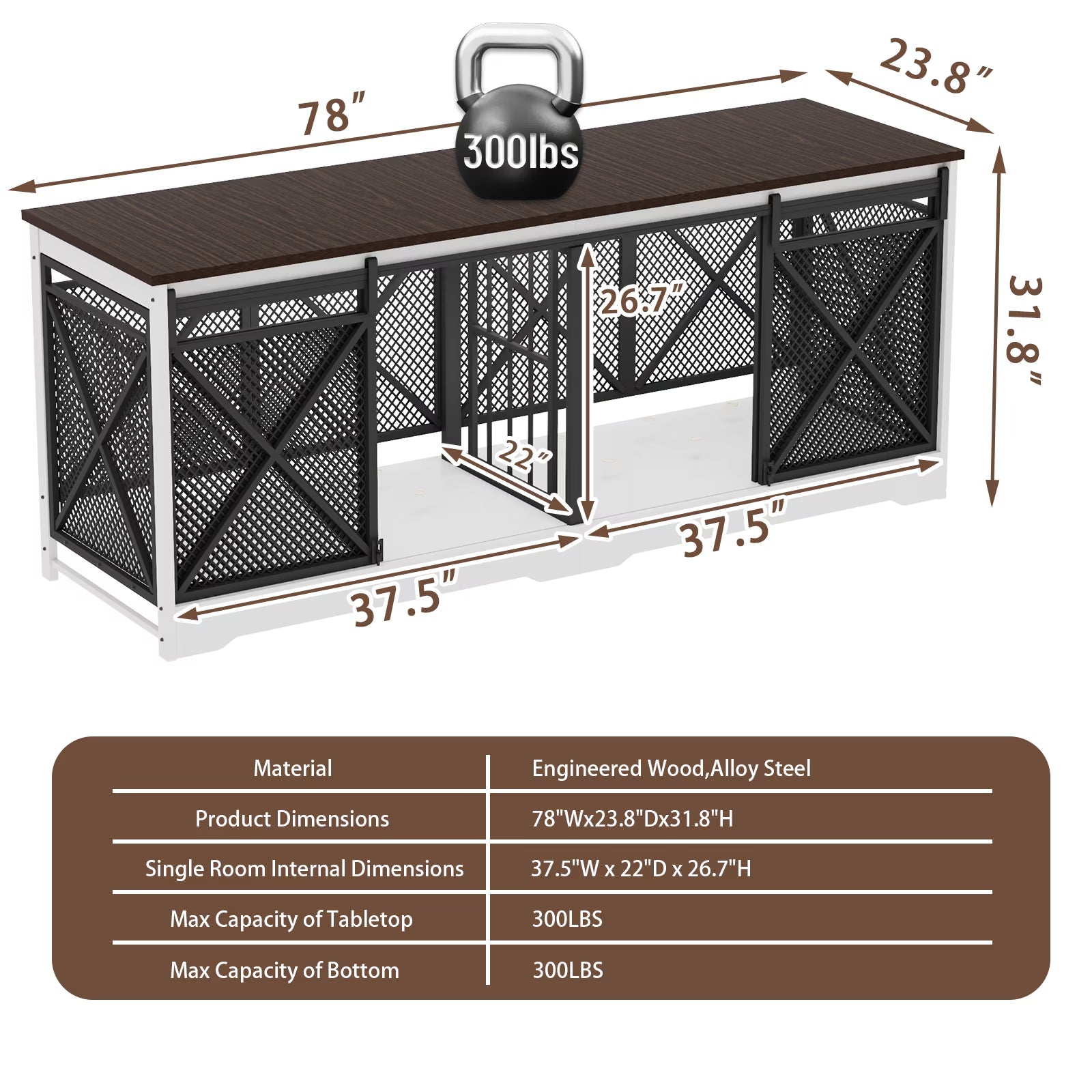 78 Inch Wooden Double Dog Crate Furniture with Divider, Indoor Kennel Table for 2 Large Dogs White