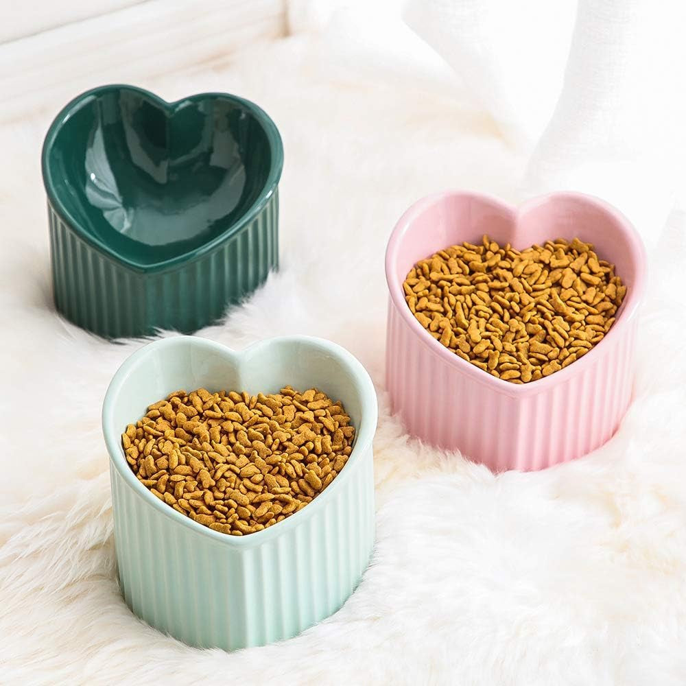 White Ceramic Raised Cat Bowls, Tilted Elevated Food or Water Bowls, Stress Free, Backflow Prevention, Dishwasher and Microwave Safe, Lead & Cadmium Free