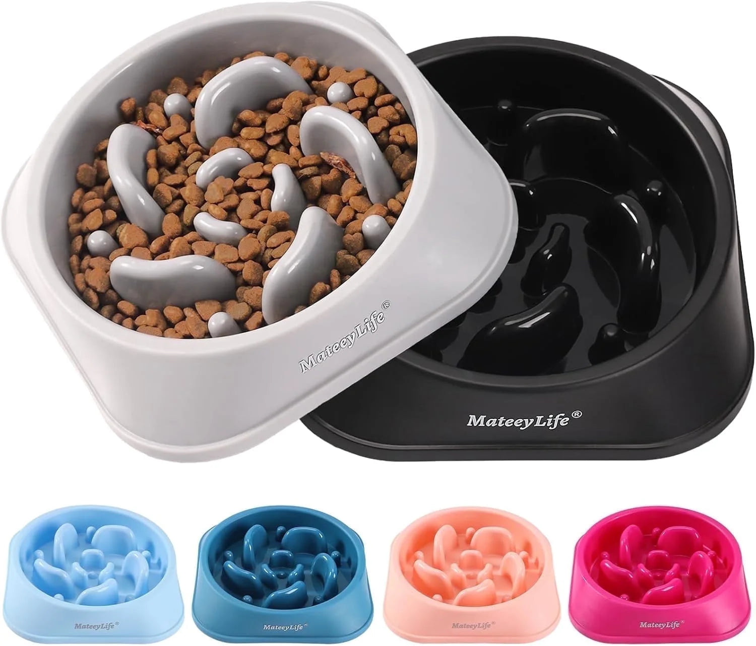 Slow Feeder Dog Bowls 2PCS, Non Slip Cat Food Bowls, Bloat Stop Maze Dishes, Interactive Feeder for All Breeds 2 Cup Gray&Black