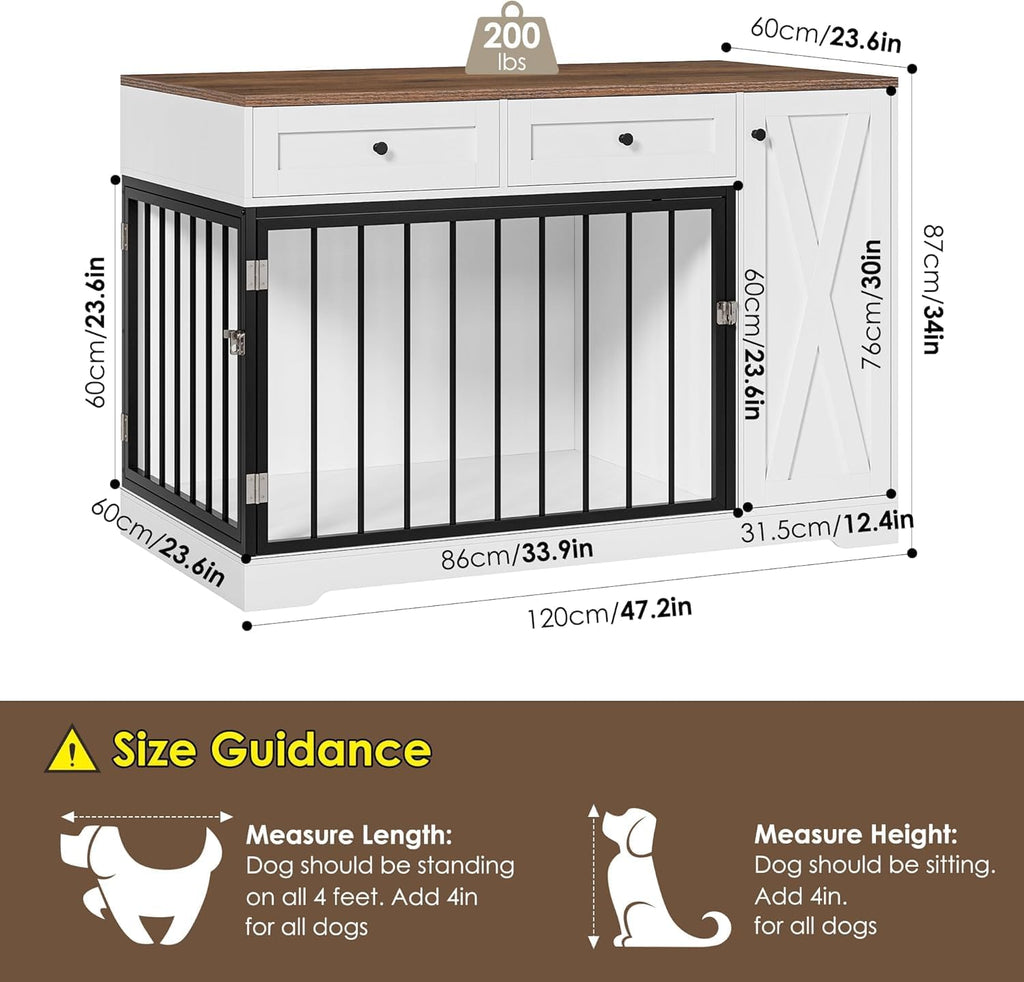 Wooden Dog Crate Furniture, Indoor Pet House with Double Doors & 2 Drawers, Modern Farmhouse Side End Table with Storage Cabinet, for Small to Big Dogs, White