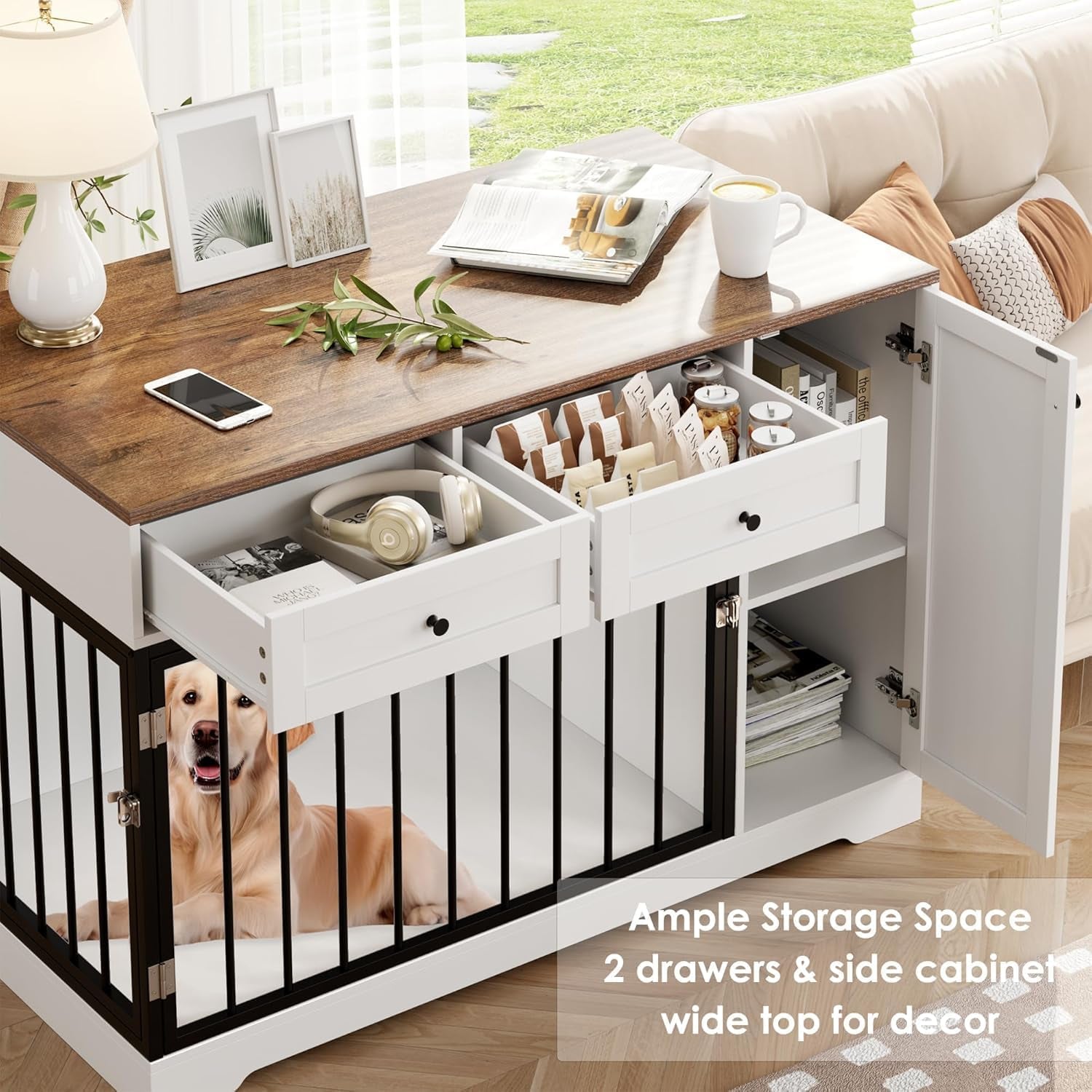 Wooden Dog Crate Furniture, Indoor Pet House with Double Doors & 2 Drawers, Modern Farmhouse Side End Table with Storage Cabinet, for Small to Big Dogs, White