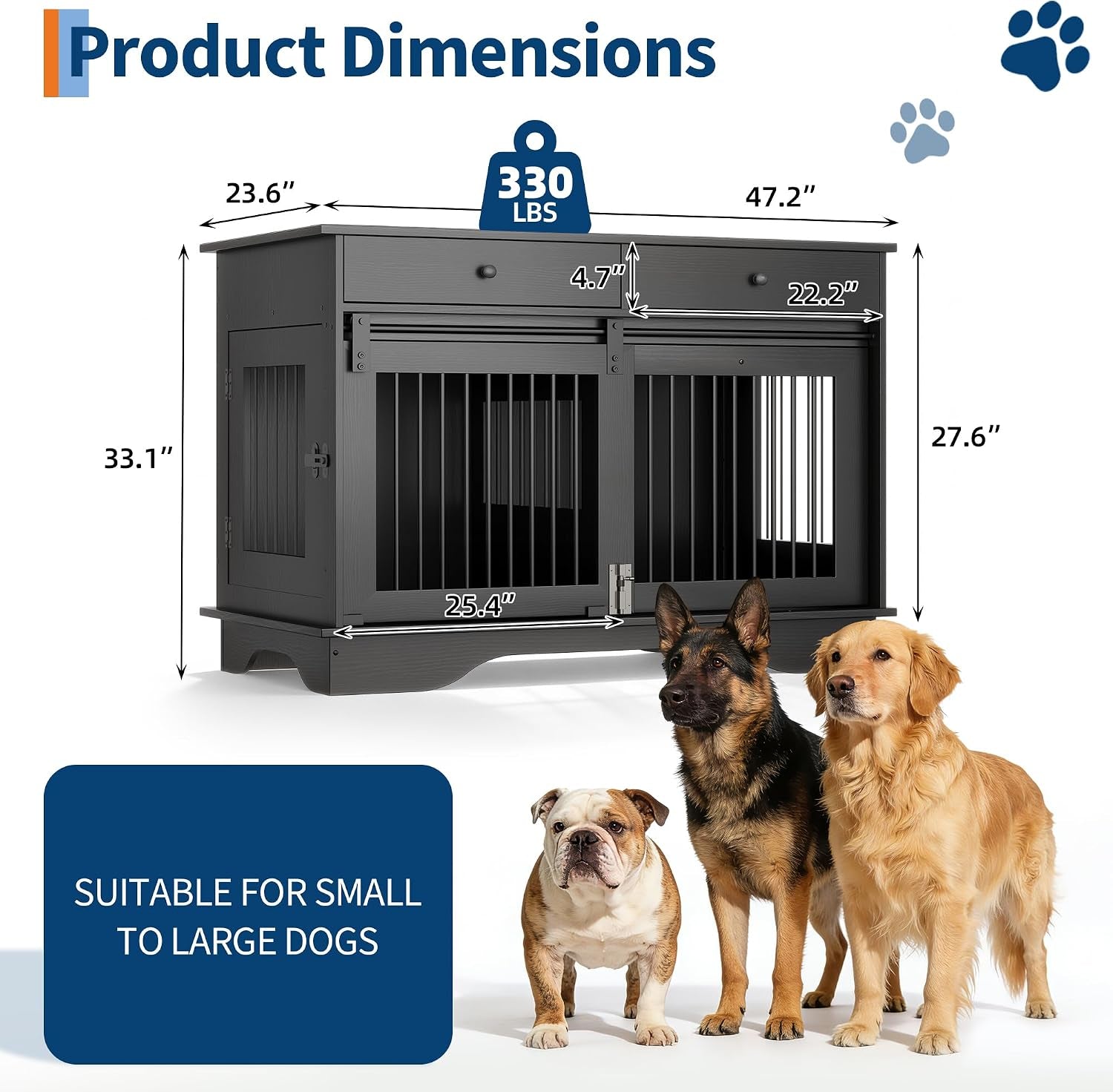 Dog Furniture Crate, 47" Large Dog Crate Furniture W/ 2 Storage Draws & Removable Divider for Large/Medium/Small Dogs