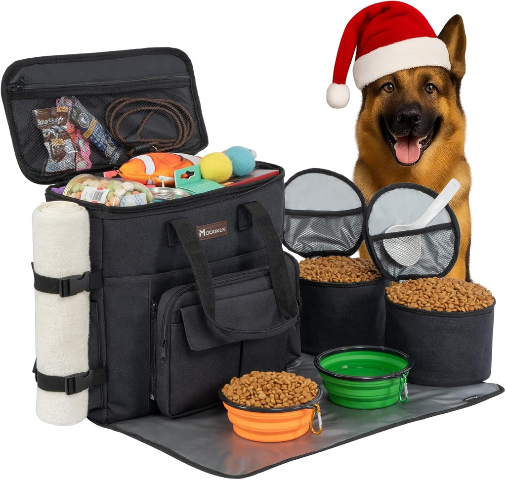 Dog Travel Bag with 2 Collapsible Dog Bowls, 1 Dog Backpack, Airline Approved Pet Travel Bagorganizer for Supplies & Accessories, 2 Travel Dog Food Container, Black | Dog Travel Accessories Set with Feeding Supplies, Bowls, Mat, and Strap. Ideal for Weekend Trips.
