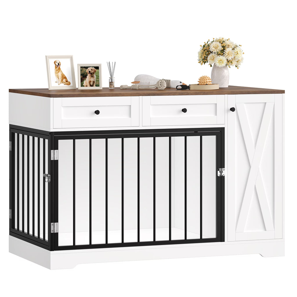 Dog Crate with Storage Cabinet and 2 Drawers, Indoor Furniture Style Wooden Large Dog Kennel, White