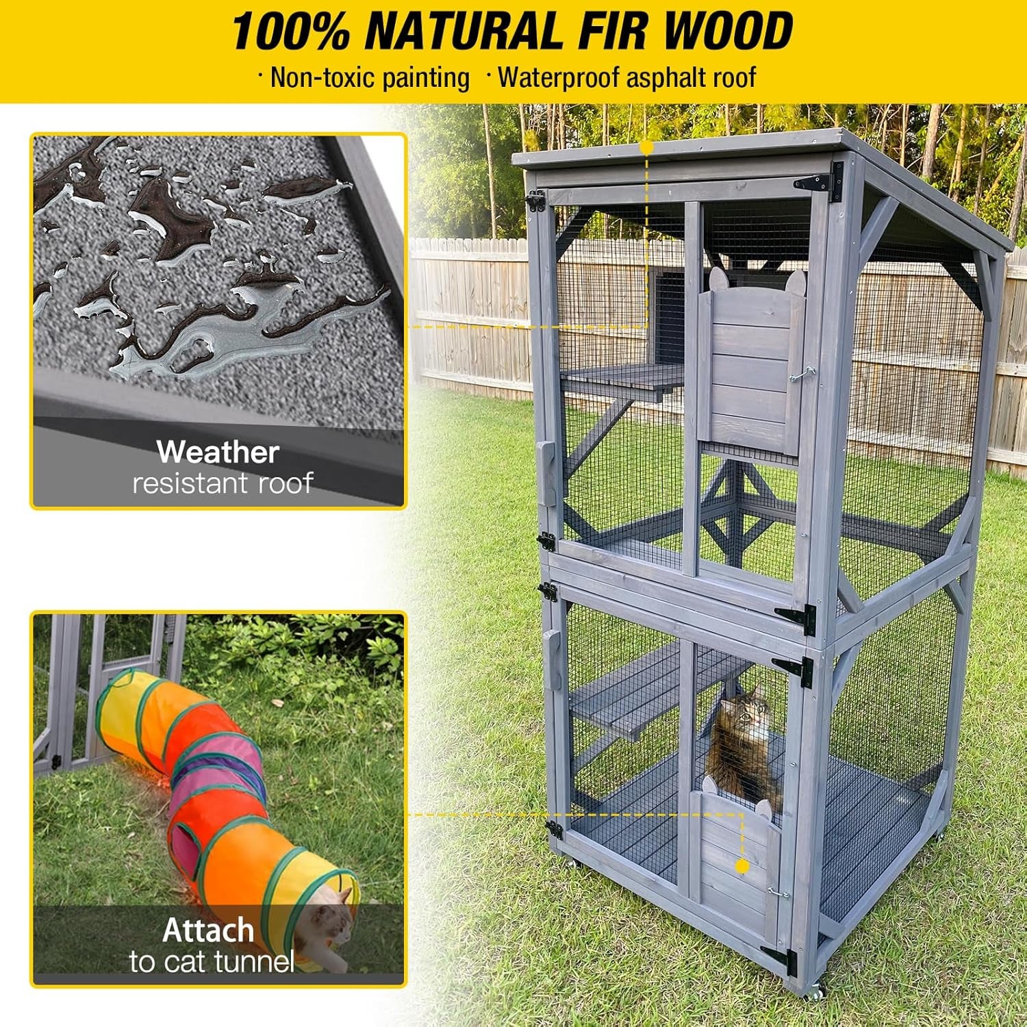 Cat House Outdoor Cat Catio Wooden Large Enclosure with Run on Wheels 70.9" Upgraded Version Catio with Reinforcement Strip,Waterproof Roof (Grey)