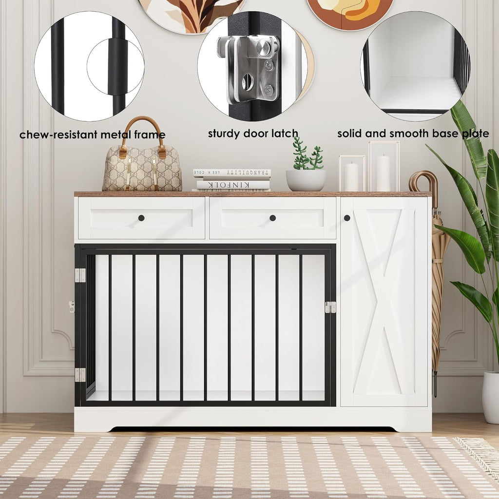 Wooden Dog Crate Furniture, Indoor Pet House with Double Doors & 2 Drawers, Modern Farmhouse Side End Table with Storage Cabinet, for Small to Big Dogs, White