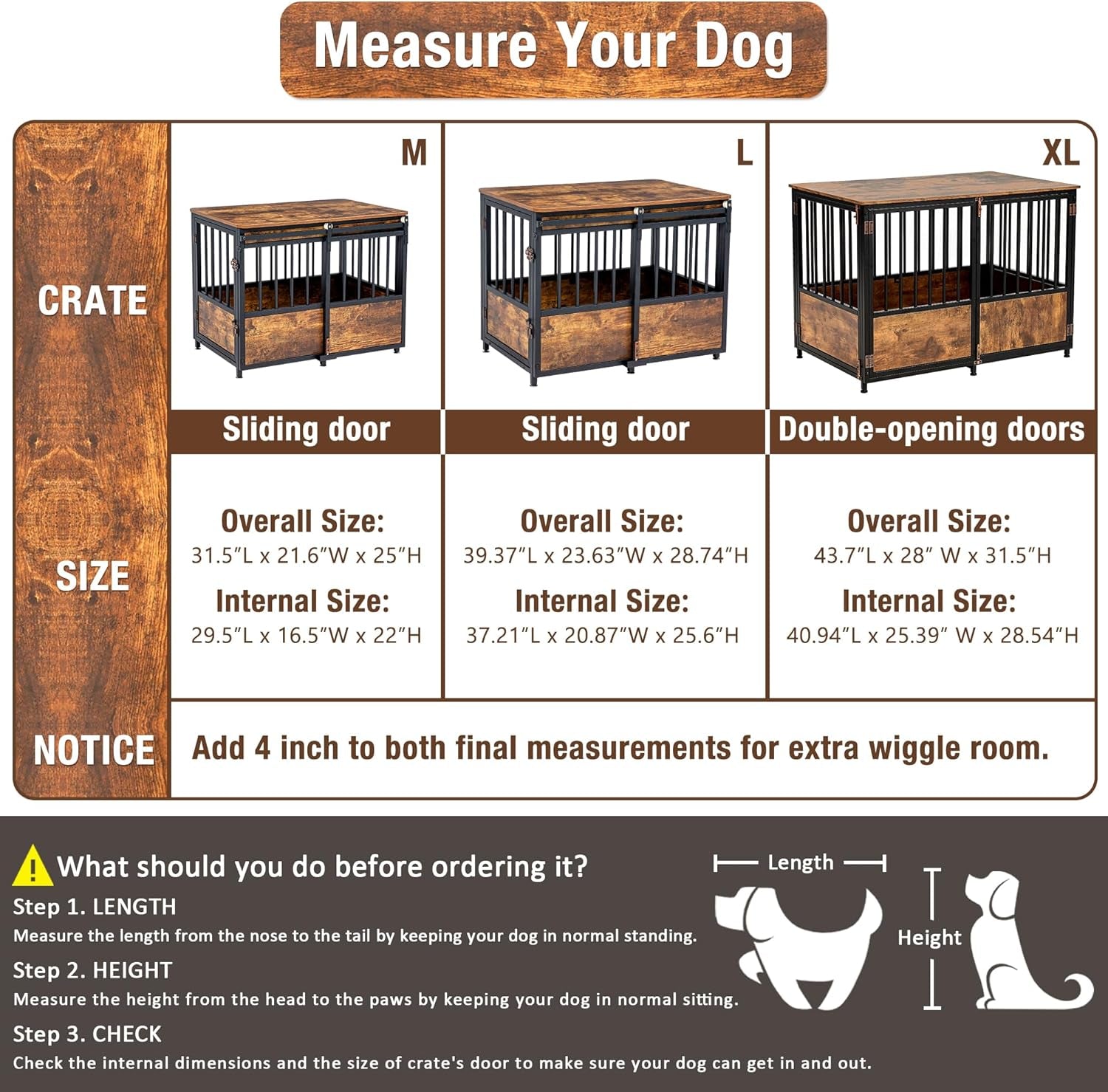 32" Dog Crate Furniture with Cushion, Heavy Duty for Medium Dogs | Wooden Dog Kennel with Double Doors, Decorative Pet House Dog Cage Side End Table Indoor, Sliding Door Chew-Resistant
