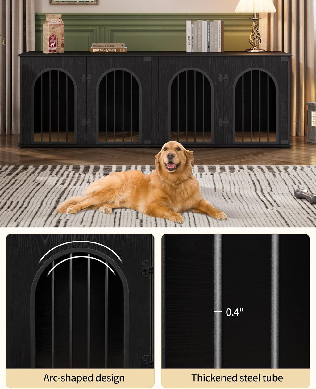 70.9" Double Dog Crate Furniture, Dog Kennel Indoor with Cushion | Heavy Duty Dog Crate Furniture for 2 Dogs,Dog Cage End Table TV Stand with Divider for Med-Large Dogs,Black DFC81904B