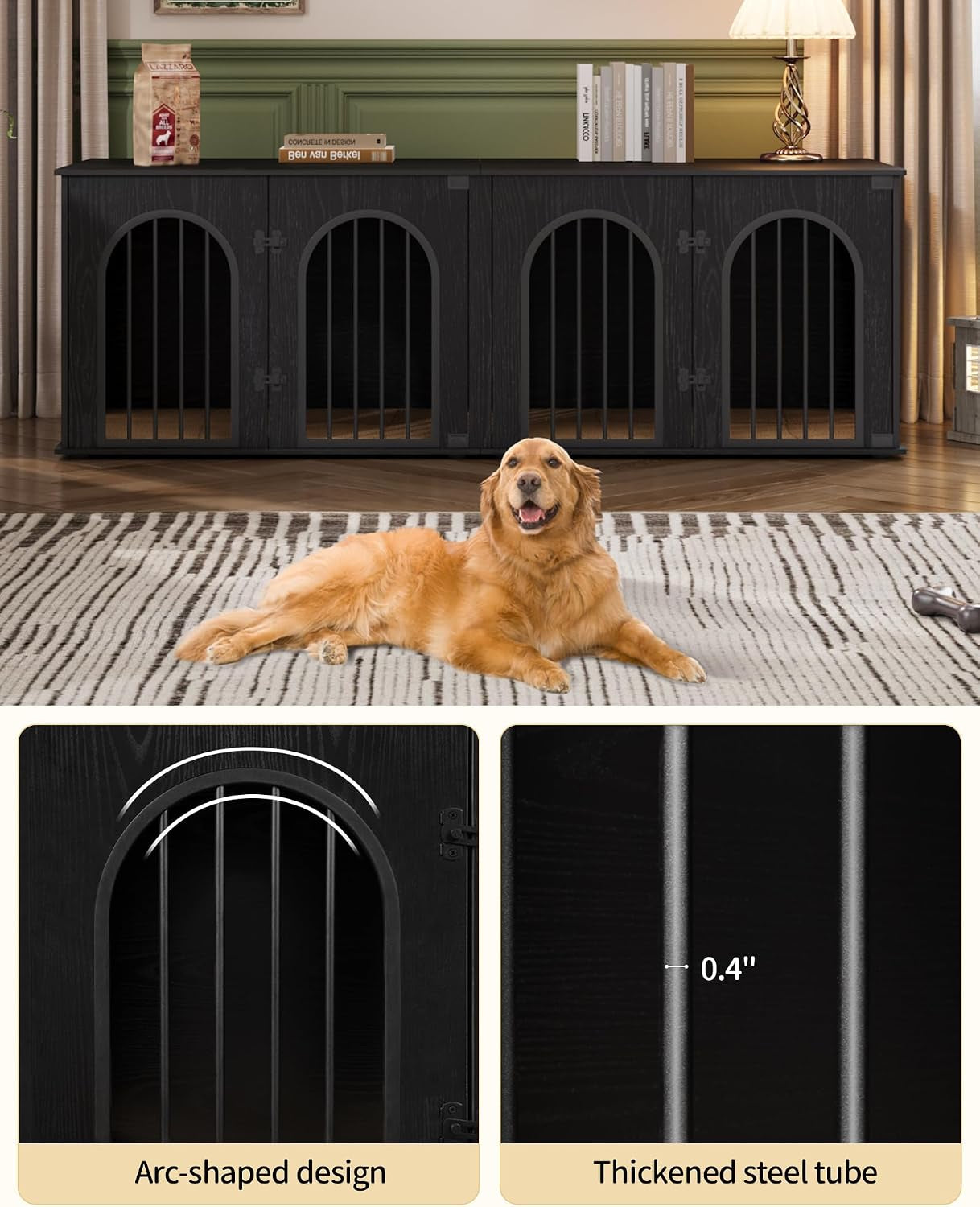 70.9" Double Dog Crate Furniture, Dog Kennel Indoor with Cushion | Heavy Duty Dog Crate Furniture for 2 Dogs,Dog Cage End Table TV Stand with Divider for Med-Large Dogs,Black DFC81904B