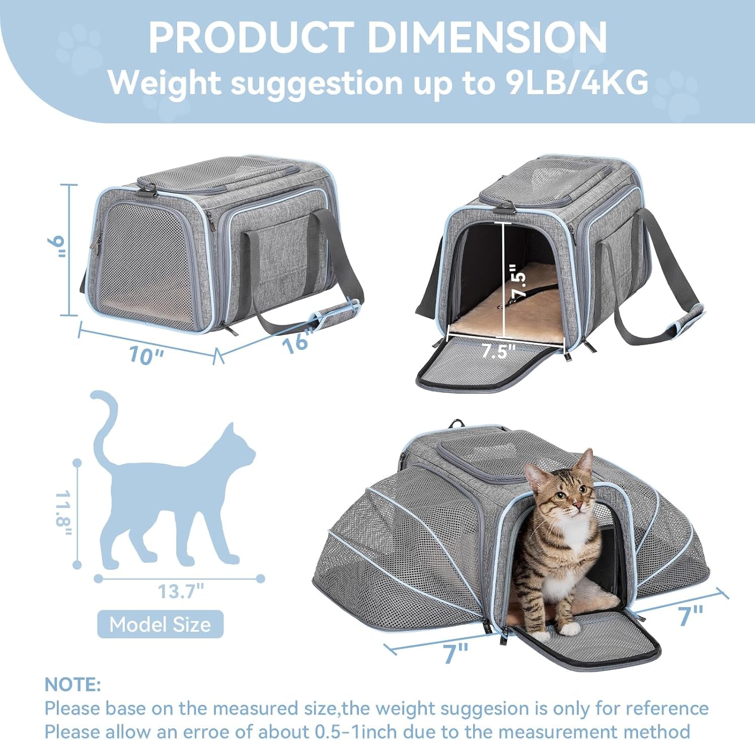 Small Double Expandable Cat Carrier for Kittens and Air Travel | 16 X 10 X 9 In; Sized for Alaska Airlines, with Locking Zippers, an Interior Safety Tether and Multi-Side Ventilation.