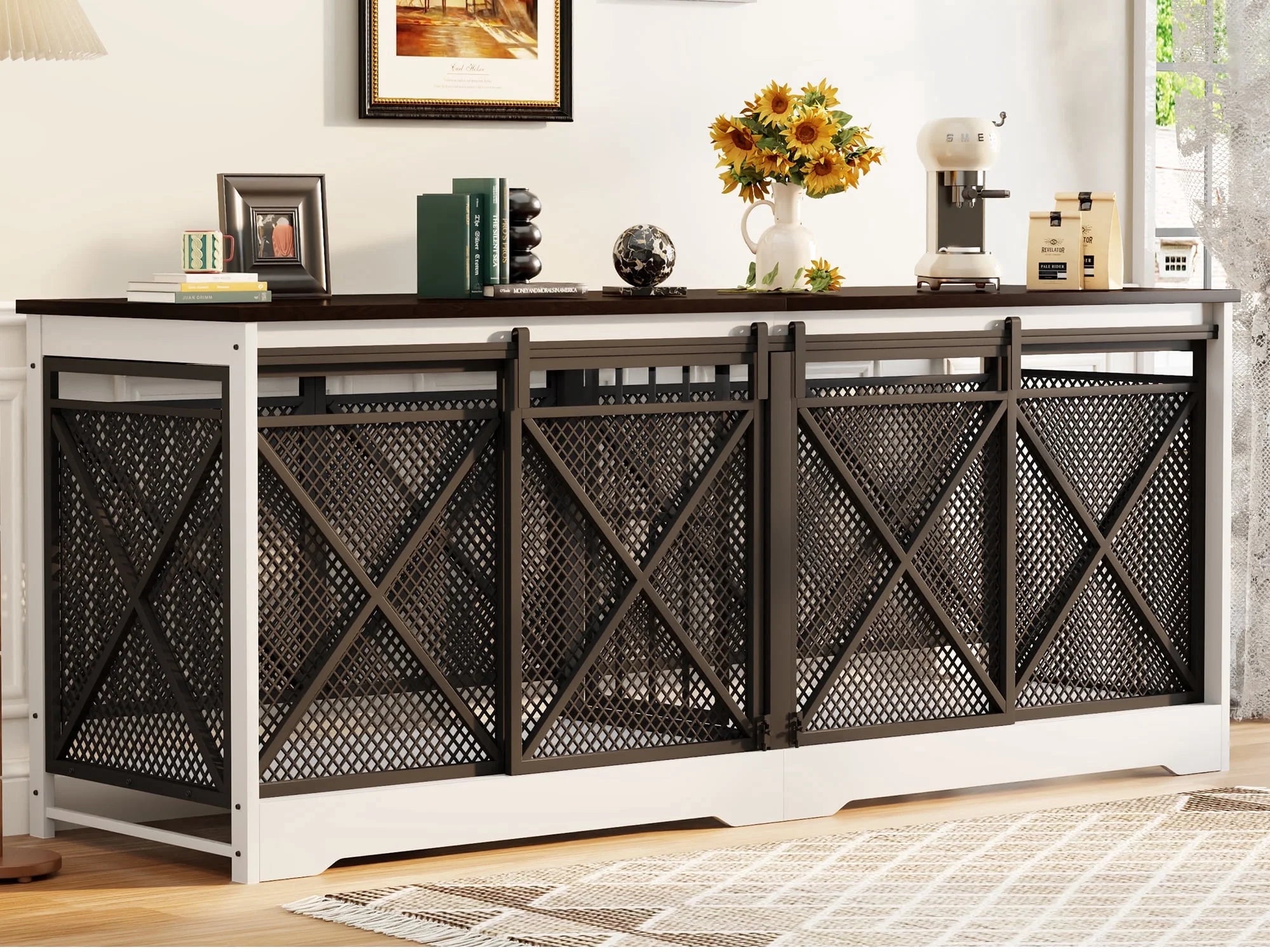 78 Inch Wooden Double Dog Crate Furniture with Divider, Indoor Kennel Table for 2 Large Dogs White