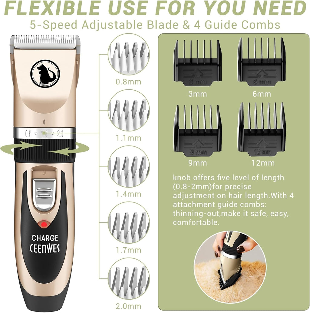 Dog Clippers Low Noise Pet Clippers Rechargeable Trimmer Cordless Grooming Tool Professional Dog Hair Trimmer with Comb Guides Scissors for Dogs Cats & Others（Gold）