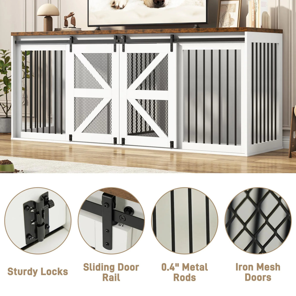 87" Large Farmhouse Dog Crate TV Stand, Wooden Dog Crate Furniture with with Divider Panel/Sliding Metal Mesh Barn Door, XL-XXL Heavty Duty Dog Crates Furniture for 2 Medium or Large Dogs