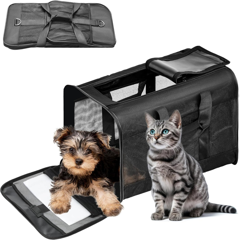 Pet Travel Carrier Soft Sided Portable Bag for Cats, Small Dogs, Kittens or Puppies, Collapsible, Durable, Airline Approved, Travel Friendly (Grey, 17.0" L X 10.0" W X 11.0" H) (Black)