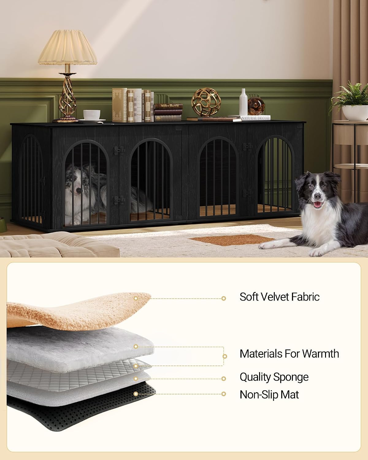 70.9" Double Dog Crate Furniture, Dog Kennel Indoor with Cushion | Heavy Duty Dog Crate Furniture for 2 Dogs,Dog Cage End Table TV Stand with Divider for Med-Large Dogs,Black DFC81904B
