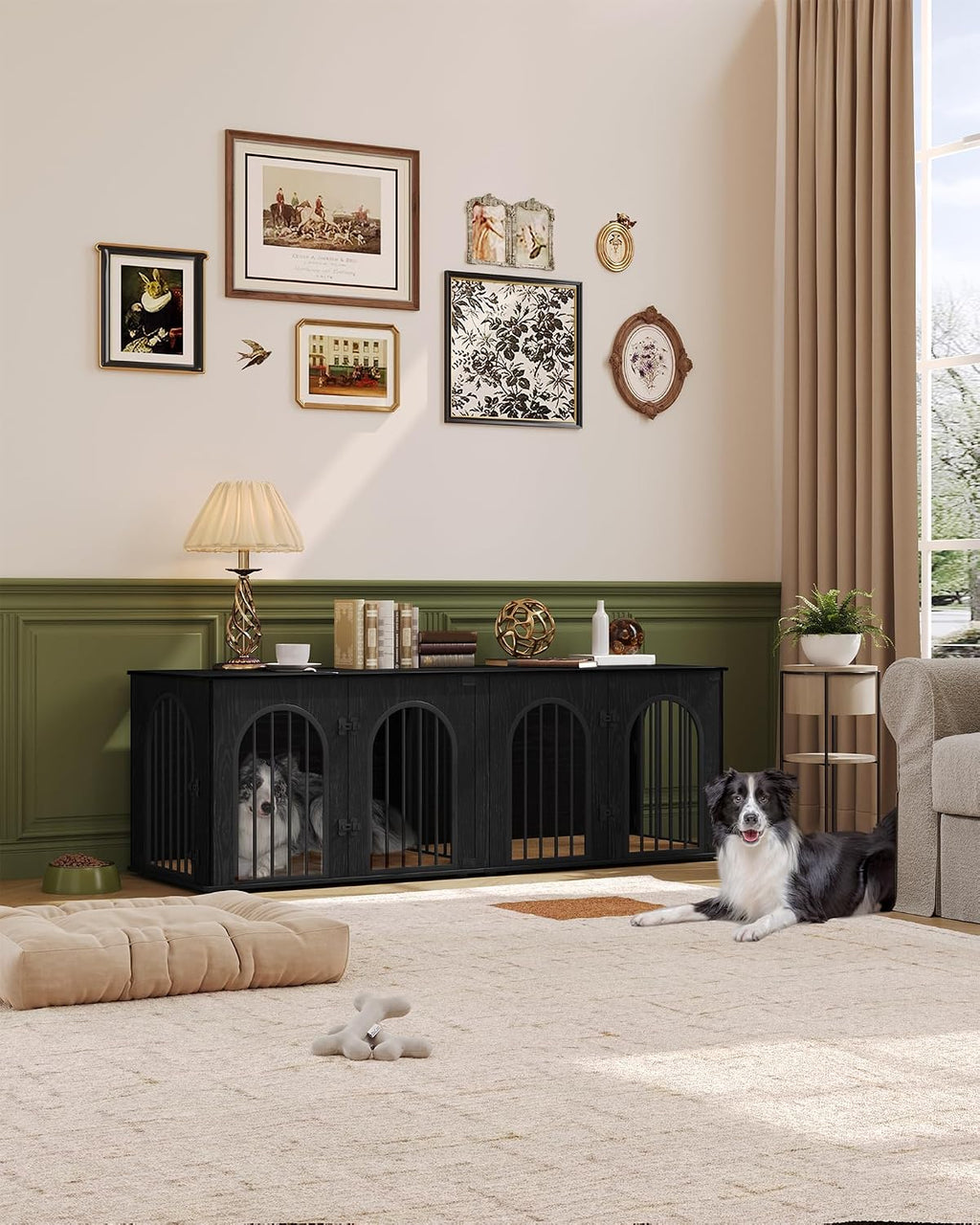 70.9" Double Dog Crate Furniture, Dog Kennel Indoor with Cushion | Heavy Duty Dog Crate Furniture for 2 Dogs,Dog Cage End Table TV Stand with Divider for Med-Large Dogs,Black DFC81904B