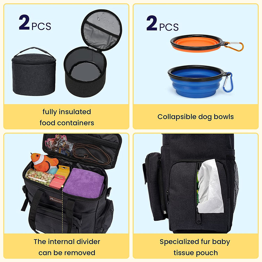Dog Travel Bag with 2 Collapsible Dog Bowls, 1 Dog Backpack, Airline Approved Pet Travel Bagorganizer for Supplies & Accessories, 2 Travel Dog Food Container, Black | Dog Travel Accessories Set with Feeding Supplies, Bowls, Mat, and Strap. Ideal for Weekend Trips.
