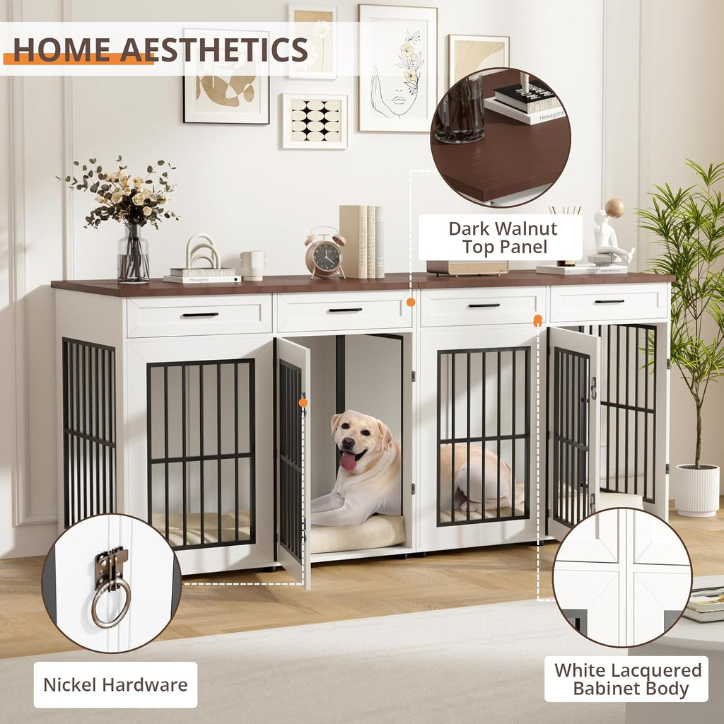 86.7 in Dog Crate Furniture for 2 Dogs, Extra Large Double Dog Cage Furniture TV Stand with Removable Divider, Wooden Dog Kennel Indoor, XXL Thick Dog Crate for Large Medium Dogs, White/Brown
