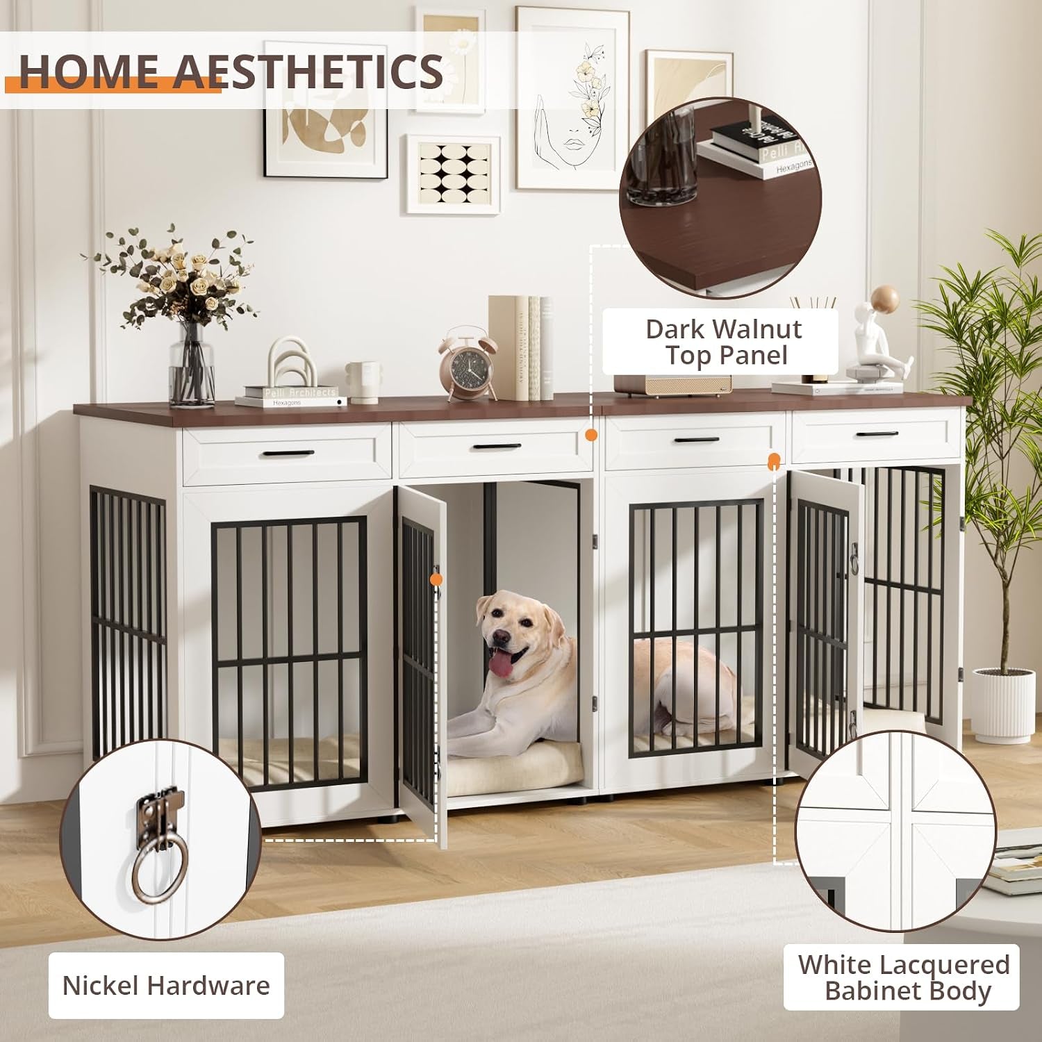 86.7 in Dog Crate Furniture for 2 Dogs, Extra Large Double Dog Cage Furniture TV Stand with Removable Divider, Wooden Dog Kennel Indoor, XXL Thick Dog Crate for Large Medium Dogs, White/Brown