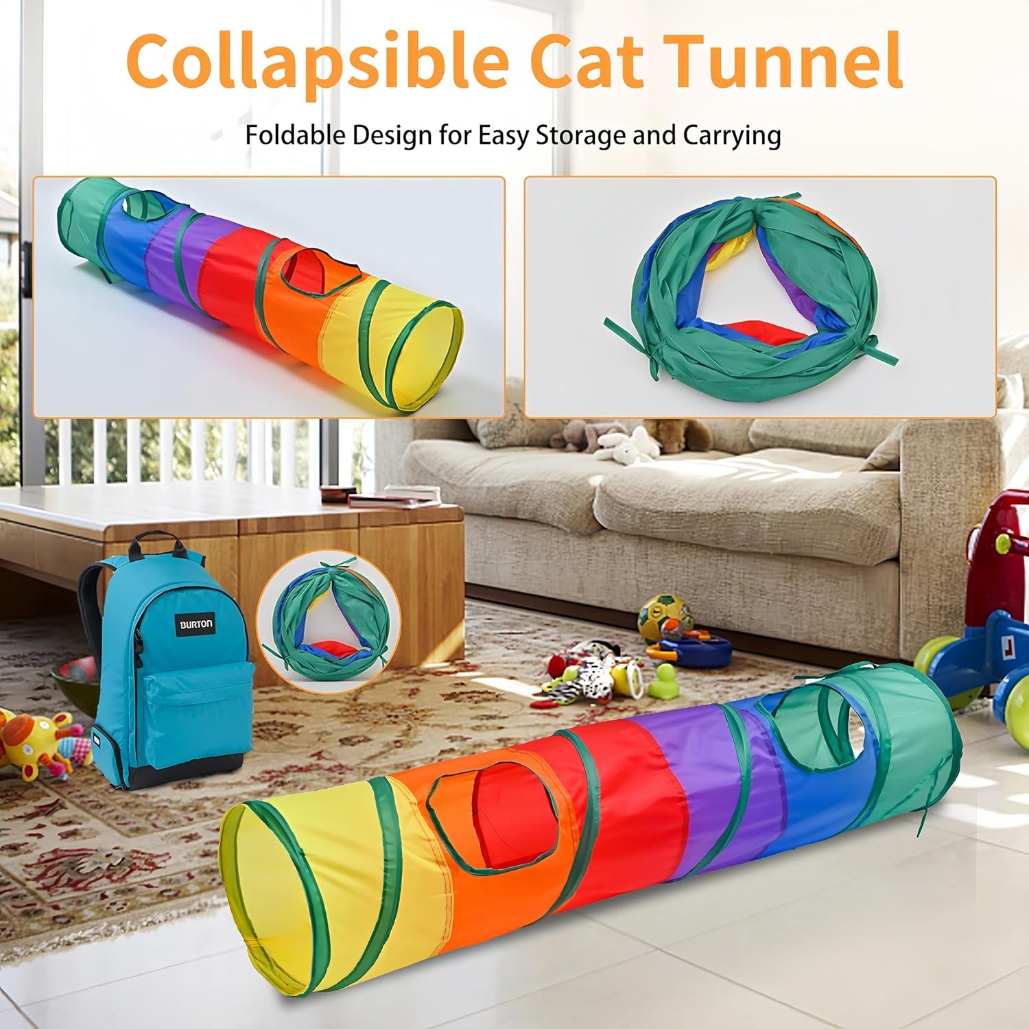25 Pcs Cat Toys Set, Cat Tunnel Toy for Indoor Cats, Kittens | Interactive Variety Pack, 45" Rainbow Cat Tunnel, Feather Teaser, Feather Golf, Mice, Springs, Balls, Noise Toys - Colorful