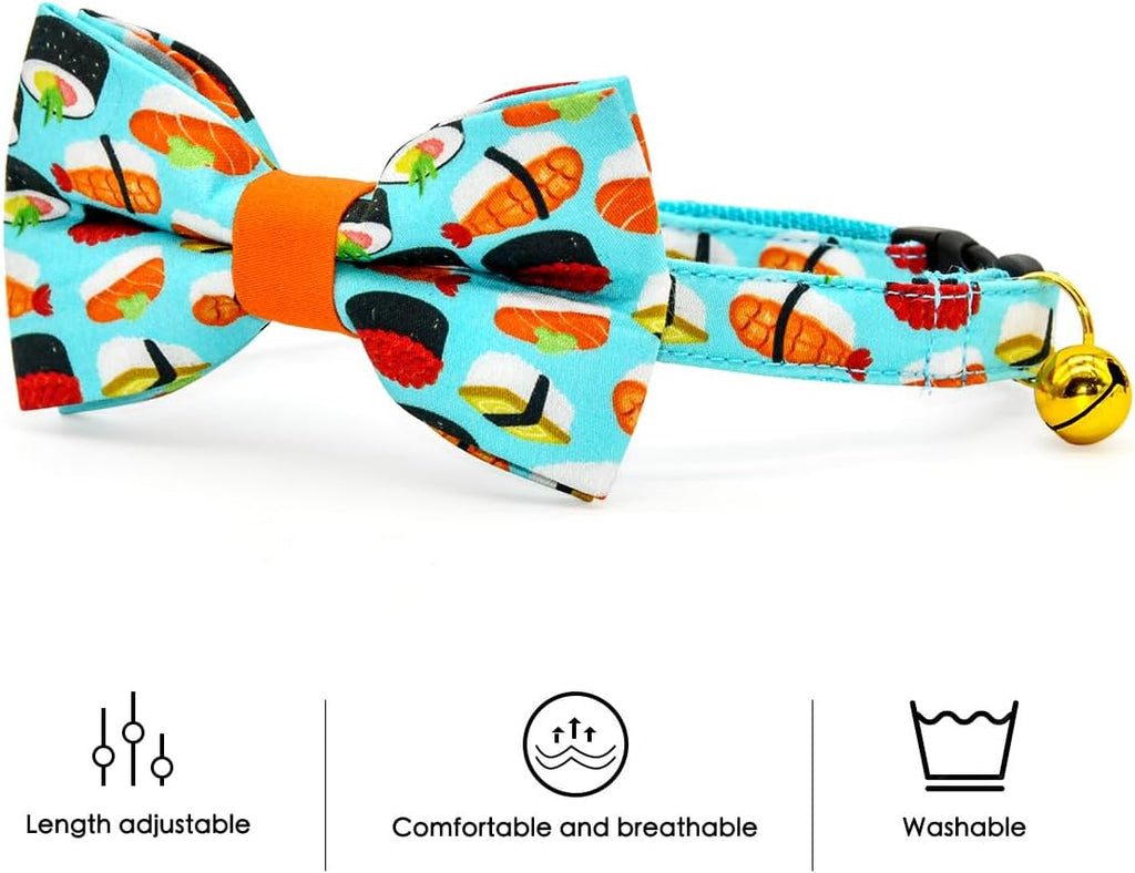Sushi Cat Collar Bow Tie Set, Breakaway Safety Collar, Wedding/Birthday Bowtie Collar for Kitten
