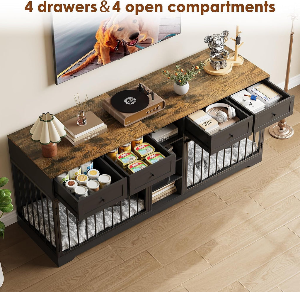 82" Double Dog Crate Furniture with Drawers and Shelves, Black | Heavy Duty Wooden Dog Crate TV Stand, Large Dog Kennel Indoor for 2 Medium/Large Dogs