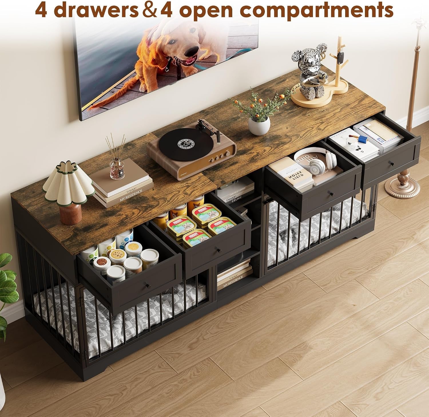 82" Double Dog Crate Furniture with Drawers and Shelves, Black | Heavy Duty Wooden Dog Crate TV Stand, Large Dog Kennel Indoor for 2 Medium/Large Dogs