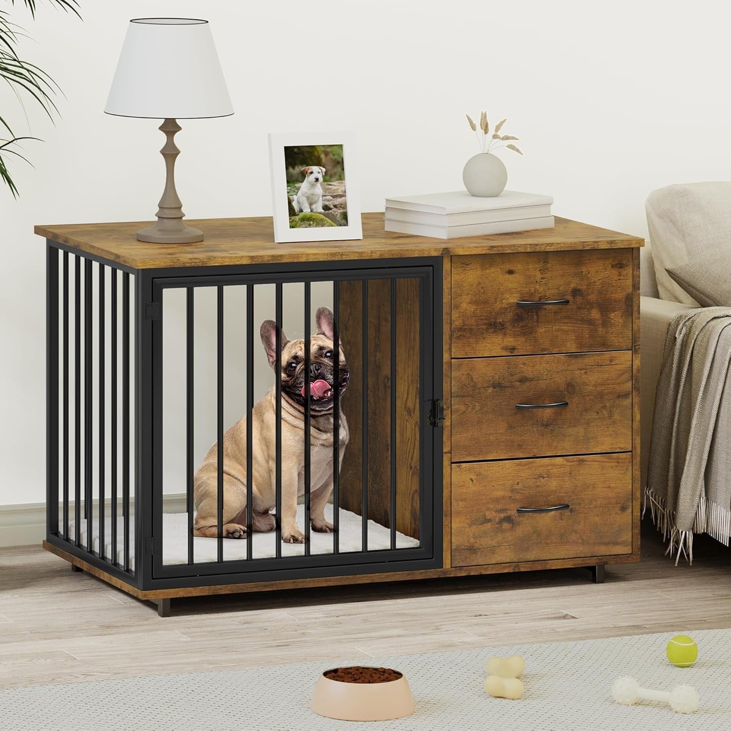 46" Dog Crate Furniture with Hidden Dog Feeders & 2 Drawers | Stylish Dog Kennel End Table, Indoor Pet Cage Dog House for Medium Small Dogs, Brown